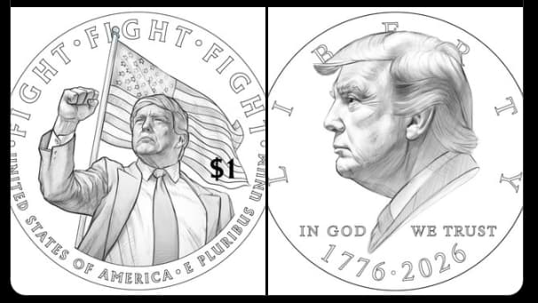 הטיוטות השנויות במחלוקת של מטבע הדולר עם דיוקן טראמפ (צילום: מתוך חשבון ה-X של Steve Guest) הטיוטות השנויות במחלוקת של מטבע הדולר עם דיוקן טראמפ