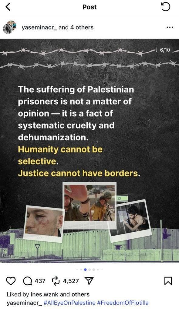 גרטה שיתפה פוסט על "סבל האסירים הפלסטינים" - עם תמונה של החטוף אביתר דוד
