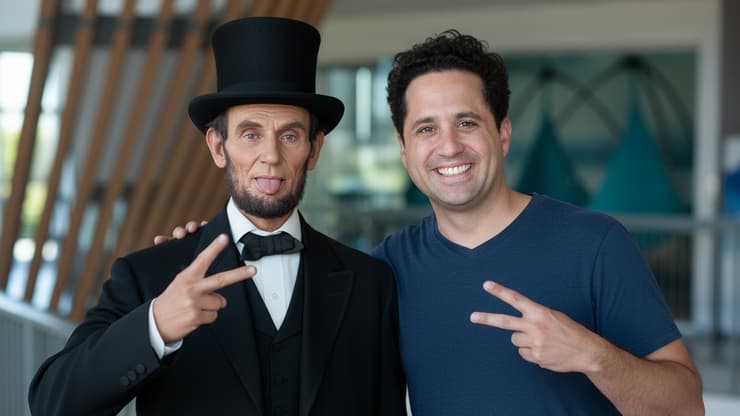 שרון עם אברהם לינקולן בתמונה שנוצרה על ידי נאנו בננה (גוגל) דוגמה לאיך עושים מדמות אחת המון סיטואציות שונות באמצעות נאנו בננה