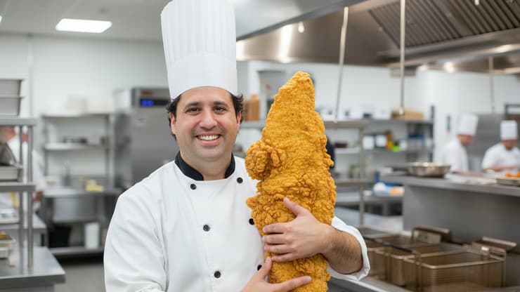 דיויד שרון בתור שף שמחזיק שניצל גדול במיוחד. גם זה נוצר בנאנו בננה (גוגל) דוגמה לאיך עושים מדמות אחת המון סיטואציות שונות באמצעות נאנו בננה