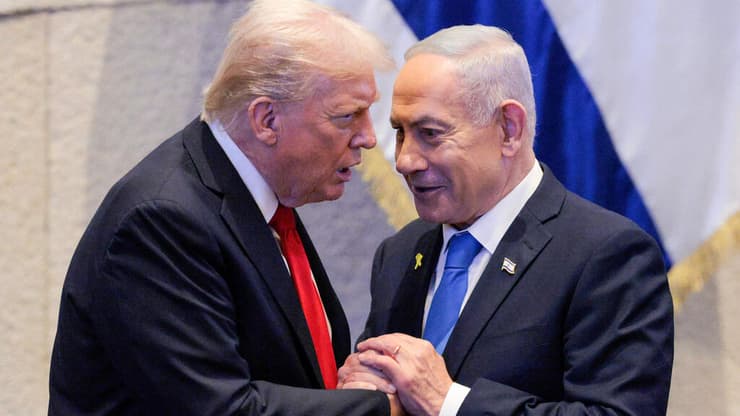 "השותפות הגיעה לשיא של כל הזמנים". נתניהו וטראמפ (צילום: Chip Somodevilla / POOL / AFP) ביקור נשיא ארה"ב במליאת הכנסת