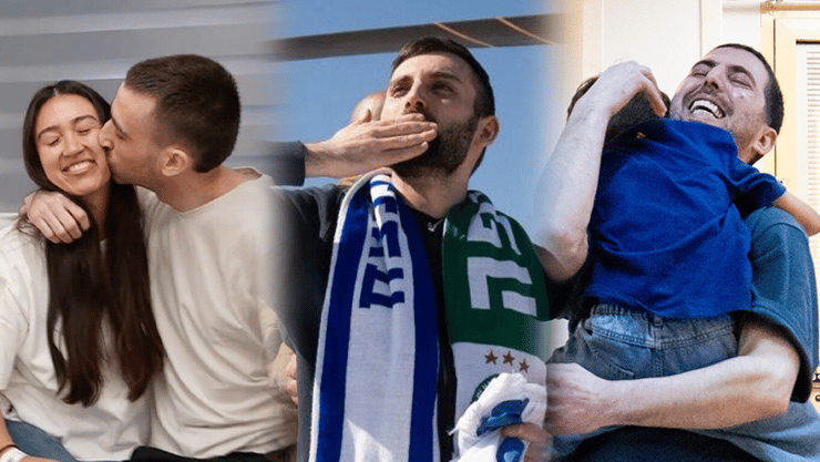 סוף סוף בבית. אלקנה עם בנו ראם, מתן, ובני הזוג אבינתן ונועה (צילום: דובר צה"ל) אלקנה בוחבוט, מתן אנגרסט, אבינתן אור ונועה ארגמני