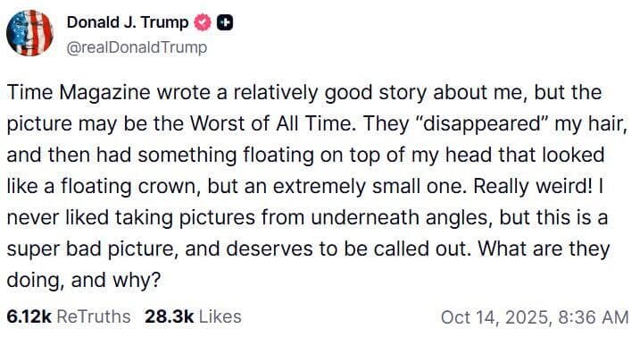 דונלד טראמפ פוסט Truth Social על תמונתו בשער ה טיים