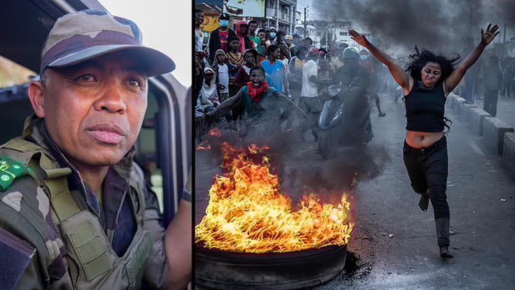 מפגיני דור ה-Z שמחו על השחיתות במדינה הענייה, והקולונל רנדריאנירינה שתפס את השלטון (צילום: AP Photo/ Brian Inganga, Luis TATO / AFP) השליט החדש של מדגסקר שהוביל שם הפיכה צבאית קולונל מישל רנדיאנירינה