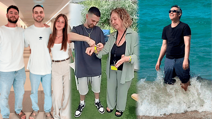 מימין: עמרי מירן, אלקנה בוחבוט ואלון אהל עם אחיו (צילום: אלי טייכמן ושיר כץ, מתוך האינסטגרם) עמרי מירן, אלקנה בוחבוט, אלון אהל