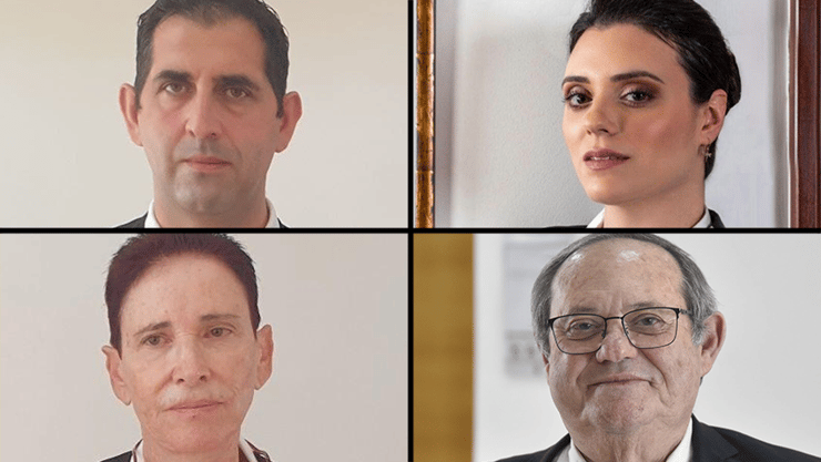  עורכי הדין של הנאשמים. למעלה מימין: רינת גלעד-פרל, שאדי סרוג'י. למטה מימין: משה גלעד ותמי אולמן 