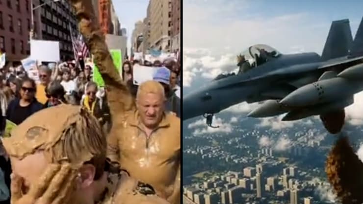 מתוך סרטון ה-AI ששיתף טראמפ. בינתיים התמיכה דווקא עלתה מעט סרטון AI בינה מלאכותית ש נשיא ארה"ב טראמפ שיתף ובו הוא מוצג כטייס קרב שמטיל צואה או ביוב על מפגינים הפגנה נגדו