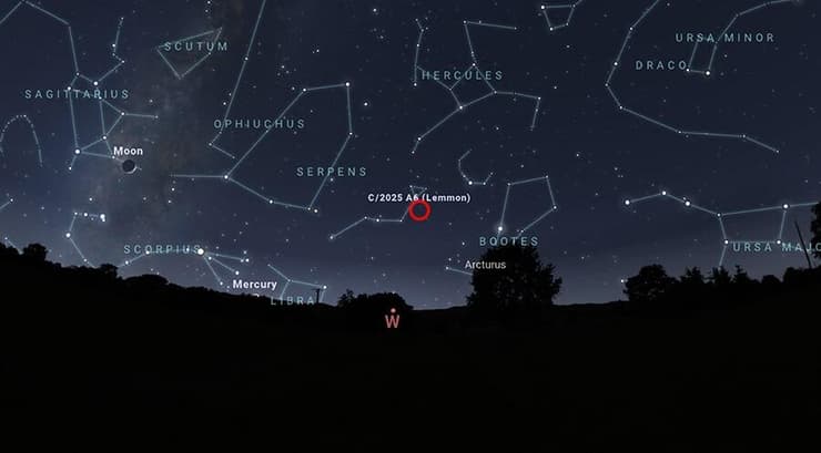 להסתכל מערבה מעט אחרי השקיעה. המיקום הצפוי של השביט למון (בעיגול) בשמי ישראל ביום ראשון, 26 באוקטובר בשעה 18:00