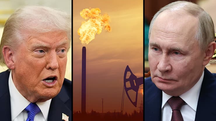 טראמפ ופוטין. נשיא ארה"ב מטיל לראשונה סנקציות כבדות על תעשיית הנפט הרוסית (צילום: AP Photo/Alex Brandon, shutterstock, Alexander Kazakov, Sputnik, Kremlin Pool Photo via AP) טראמפ ארה"ב גז נפט