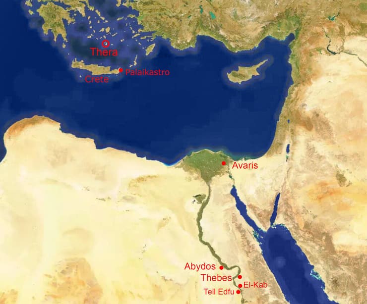 מפת מזרח הים התיכון ומצרים, בה מוצגים מיקום הר הגעש ת'רה (סנטוריני) ומקומות נוספים המוזכרים במחקר (צילום: H.J. Bruins, Petrie Museum of Egyptian and Sudanese Archaeology (University College London)) מפת מזרח הים התיכון ומצרים, בה מוצגים מיקום הר הגעש ת'רה (סנטוריני) ומקומות נוספים המוזכרים במחקר