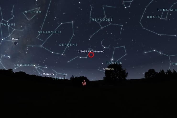 כדי לראות את השביט יש להתבונן מערבה זמן קצר אחרי השקיעה. המיקום המדויק ישתנה כל ערב, ואפשר להיעזר באפליקציות אסטרונומיה לאיתורו. באיור: המיקום הצפוי של השביט למון (בעיגול) בשמי ישראל ביום ראשון, 26 באוקטובר בשעה 18:00 (הוכן באמצעות אפליקציית Stellarium) כדי לראות את השביט יש להתבונן מערבה זמן קצר אחרי השקיעה. המיקום המדויק ישתנה כל ערב, ואפשר להיעזר באפליקציות אסטרונומיה לאיתורו. באיור: המיקום הצפוי של השביט למון (בעיגול) בשמי ישראל ביום ראשון, 26 באוקטובר בשעה 18:00