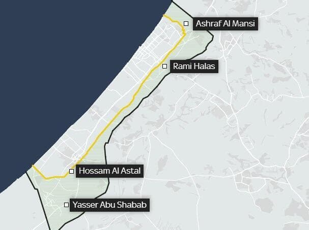 מפת בסיסי המיליציות, לפי סקיי ניוז: אל-מנסי וחלס בצפון הרצועה, אל-אסטל ואבו-שבאב בדרומה מפה המראה היכן המילציות ברצועת עזה ימוקמו בשלב ב' של ההסכם