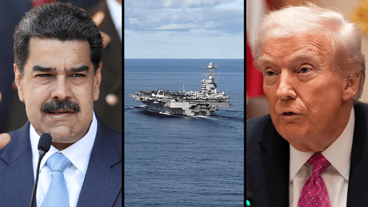 טראמפ, מדורו ונושאת המטוסים "ג'רלד פורד" שנשלחה לים הקריבי (צילום: AP Photo/Alex Brandon, Jonathan KLEIN / AFP, רויטרס) נושאת המטוסים האמריקנית "ג'רלד פורד" במהלך תרגיל של נאט"ו