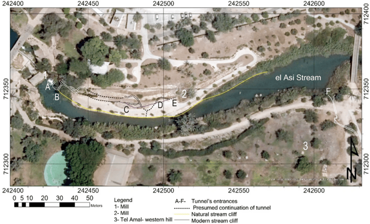 נחל עמל (האסי), עם מנהרות מים ומתקנים שנבדקו (מסומנים באותיות A-F) (צילום: מתוך כתב העת Water History) נחל עמל (האסי), עם מנהרות מים ומתקנים שנבדקו (מסומנים באותיות A-F)