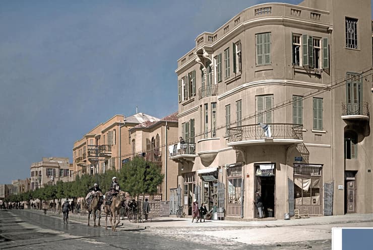 גמלים מהלכים באלנבי פינת בלפור לצדי שלג נמס. תל אביב 1937 (צילום: יוסף שוויג, ארכיון הצילומים של קק"ל. עיבוד וצביעה: תמר הירדני) גמלים מהלכים באלנבי פינת בלפור לצדי שלג נמס. תל אביב 1937