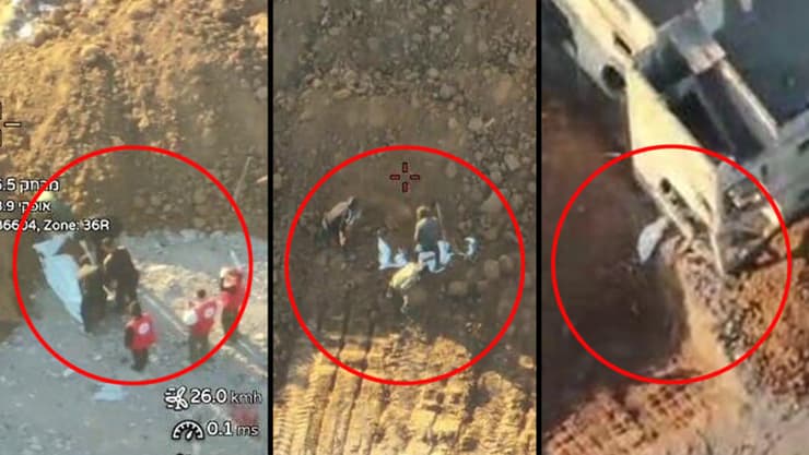 השקית מושלכת ממבנה לתוך בור, נקברת בחול - ואז "נחשפת" לעיני הצלב האדום. ההצגה המבחילה של חמאס שתועדה מרחפן אנשי חמאס מביימים הימצאות שרידי גופת חלל, בנוכחות אנשי צלב אדום