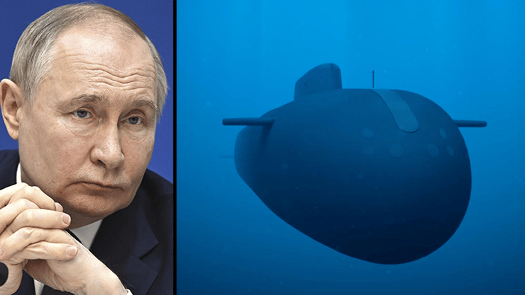 פוטין והדמיה שרוסיה פרסמה בעבר ל"פוסידון". הוא טוען שזהו נשק בלתי-מיורט: "הצלחה אדירה" (צילום: Sergei Bobylev, Sputnik, Kremlin Pool Photo/ AP, צילום: Russian Defence Ministry/Handout via REUTERS) נשיא רוסיה פוטין, הדמיה אילוסטרציה של מערכת טורפדו גרעינית נשק גרעיני תת-ימי פוסידון ש רוסיה פרסמה ב-2018