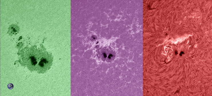אזור פעיל על פני השמש ב-3 אורכי גל