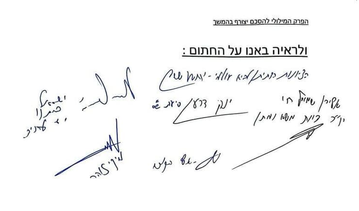 החתימות של הקואליציה והאופוזיציה על הסכם חלוקת התפקידים החתימות של השרים והסיעות לאישור יאיר נתניהו לתפקיד מנהל מחלקת ההסברה בהנהלה הציונית