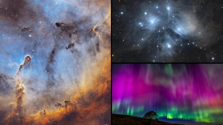 למעלה (בכיוון השעון): צביר הפליאדות, זוהר הקוטב בקנדה וערפילית חדק הפיל