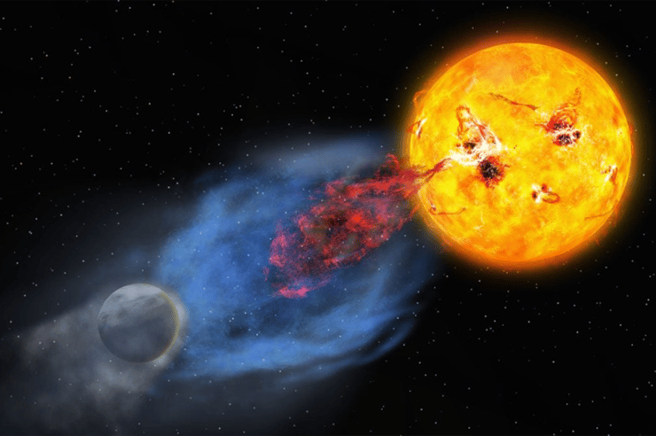 סערות שמש חזקות מכוכב צעיר עשויות להשפיע על הסביבה בכוכבי לכת סמוכים אליו. הדמיה של התהליך בעיני אמן (מקור: NAOJ) סערות שמש חזקות מכוכב צעיר עשויות להשפיע על הסביבה בכוכבי לכת סמוכים אליו. הדמיה של התהליך בעיני אמן