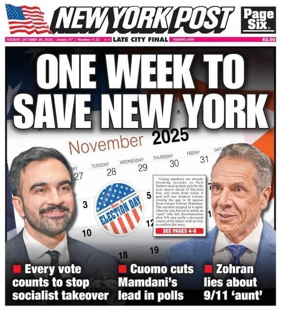 שער ניו יורק פוסט בחירות בעיר עם תמונות ממדאני ו קואומו