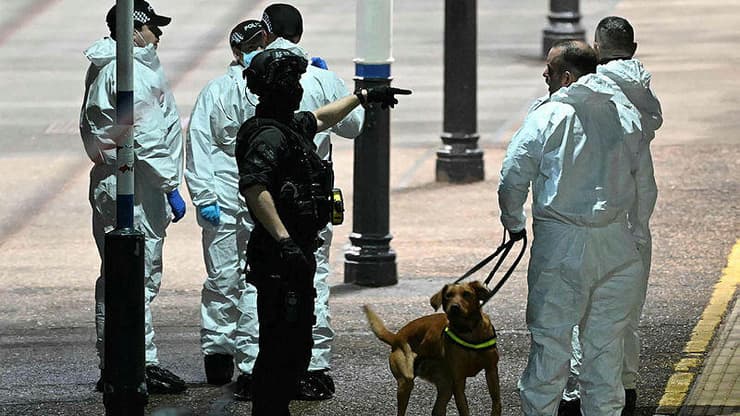 כלב גישוש בתחנה. "תקרית מחרידה" (צילום: AFP) התחנה שבה נעצרה הרכבת שעליה נדקרו נוסעים בעיירה הנטינגדון