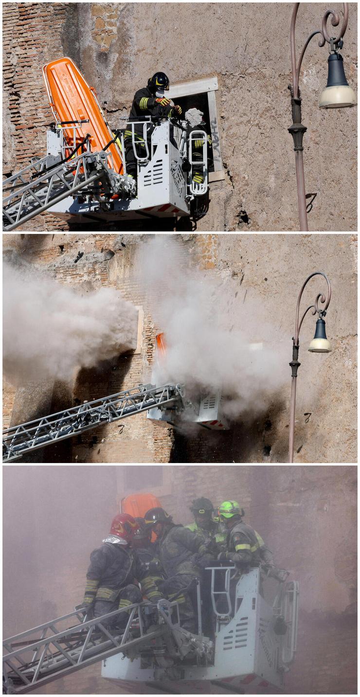 קריסה ב מגדל עתיק ב רומא איטליה באמצע פעולות חילוץ אחרי קריסה חלקית קודמת שם