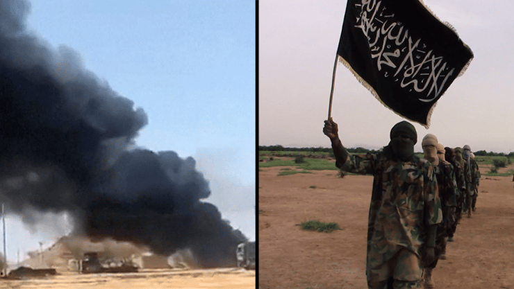 מחבלי JNIM בסרטון תעמולה של הארגון, ועשן מיתמר במתקפה שלהם מחודש מאי על בסיס צבאי בבורקינה פאסו, שגם בה הם פועלים סרטון תעמולה מ-2018 של מחבלים של הארגון הג'יהאדיסטי JNIM הפועל ב מאלי ב ניז'ר וב בורקינה פאסו ב אזור ה סאהל הסאהל ב אפריקה