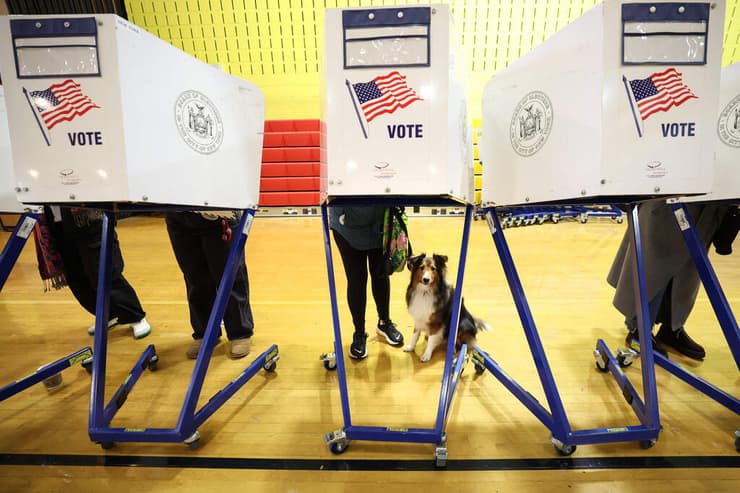 גם את הכלב לא שכחו (צילום: TIMOTHY A.CLARY / AFP) קלפי מנהטן ניו יורק בחירות