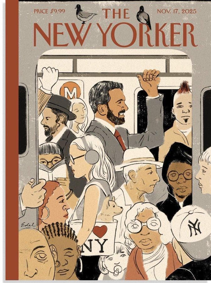 שער ה"ניו יורקר" הנוטה לשמאל, ובו הוצג ממדאני כאיש של העם, הנוסע יחד עמם בסאבוויי (צילום: מתוך ה"ניו יורקר") שער ה"ניו יורקר" אחרי ניצחונו של זוהראן ממדאני בבחירות לראשות העיר ניו יורק