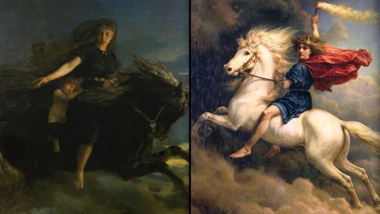 האל נוט (משמאל) רוכב על סוסו פימסווארטניר והאל דאגר רוכב על סוסו הרימפקסי