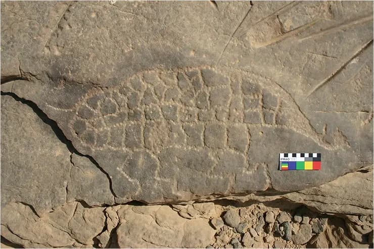 דמות זיקית חקוקה בסלע, באתר העתיק אל-חוש שבמצרים