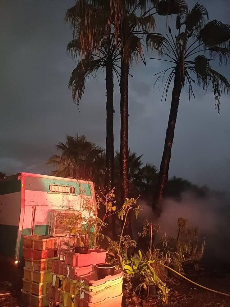 שריפת עץ בסמוך לקראוון בבנימינה לאחר פגיעת ברק