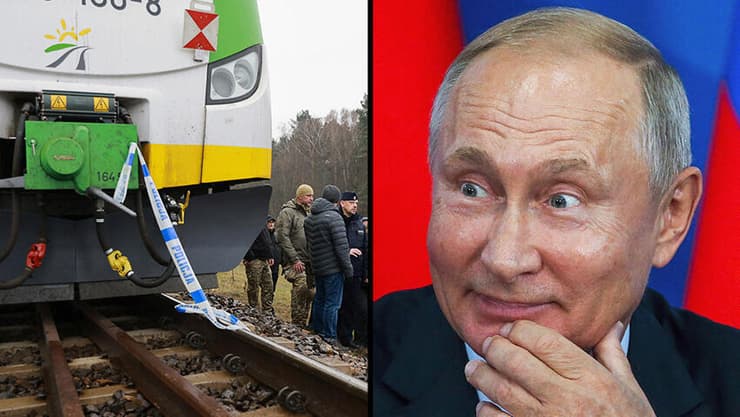 נשיא רוסיה ולדימיר פוטין וזירת הפיצוץ במסילת הרכבת בפולין (צילום: AP Photo/KPRM, AP Photo/Dmitry Serebryakov) פולין פיצוץ מסילת רכבת בקו בין ורשה ל לובלין