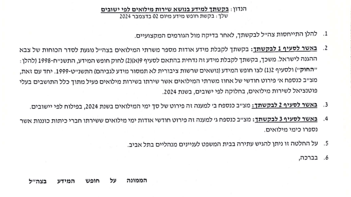 הודעת צה"ל לתנועה לחופש המידע מענה בעבור שי לרנר לבקשה בנושא ימימ מילורים לפי ישובים