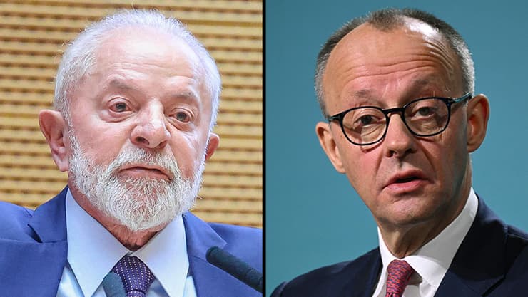 מרץ והנשיא לולה דה סילבה. הקנצלר היה מותש מטיסת לילה (צילום: Ricardo STUCKERT / BRAZILIAN PRESIDENCY / AFP, Ina FASSBENDER / AFP) קנצלר גרמניה פרידריך מרץ נשיא ברזיל לולה דה סילבה