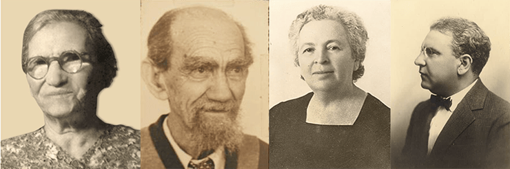 סביו וסבותיו משני הצדדים נמנו עם 66 המשפחות שייסדו את תל אביב בשנת 1909. מימין לשמאל: חיים הררי, יהודית הררי, אבא נאמן ושרה לבית מושלי 