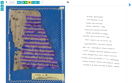 זיהוי שורות הטקסט על גבי הדף והצגת התעתוק האוטומטי לצד הדף