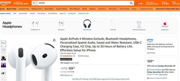 לא נשלחות לארץ, אז שנו כתובת לארה"ב (צילום מסך) מבצעי בלאק פריידיי מוקדמים באמזון: איירפודס 4