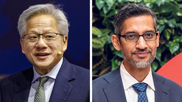 מימין מנכ"ל גוגל סונדאר פיצ'אי ונשיא ומנכ"ל אנבידיה ג'נסן הואנג