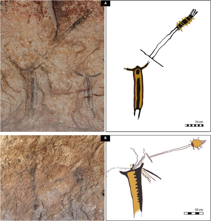 שני דימויים אנושיים מתוך מאגר ציורי הקיר שהתגלו על גבול ארצות הברית ומקסיקו