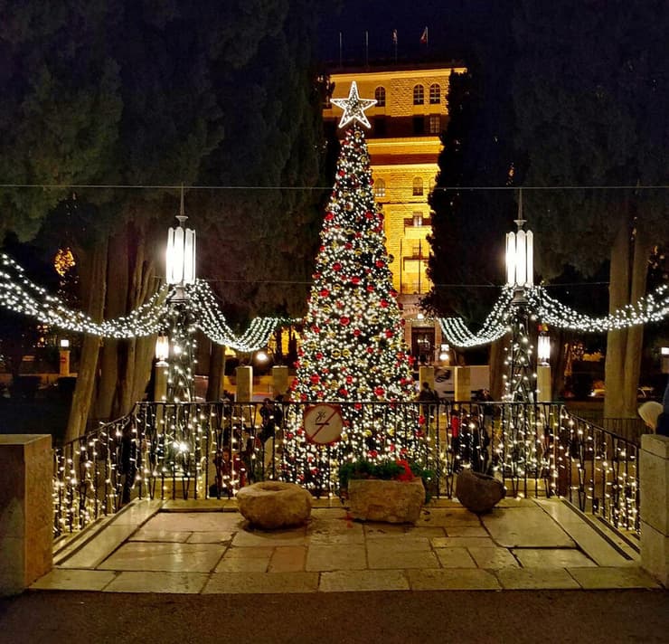 עץ חג המולד בכניסה לבניין ה-YMCA הבינלאומי בירושלים