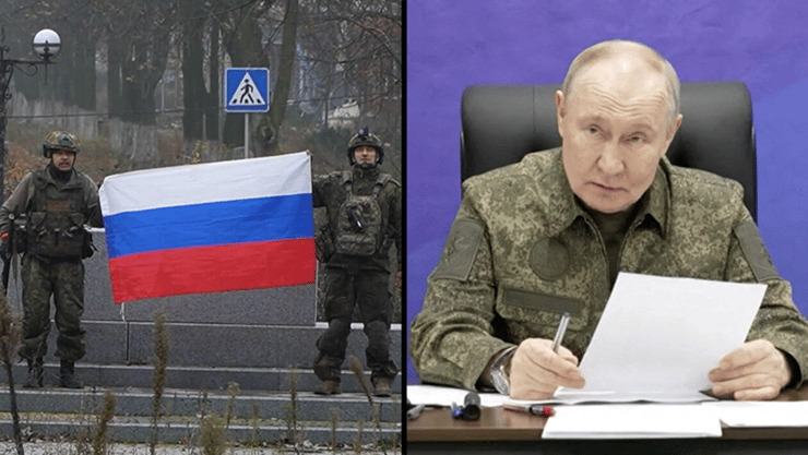 תיעוד של כוחות רוסיה מניפים את הדגל הרוסי בעיר פוקרובסק בחבל דונבאס מחוז דונייצק במזרח אוקראינה אחרי שמוסקבה טענה כי העיר נכבשה