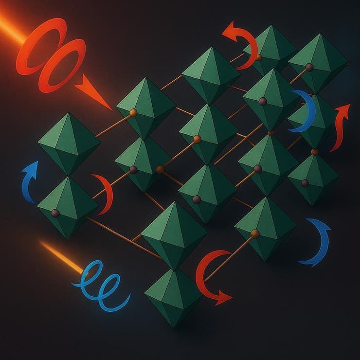 מדידה של אור על גבי גביש הדומה למבנה החומר הנמדד. לאור יש קיטוב מעגלי ובאמצעותו ניתן למדוד את התגובה הכיראלית של החומר, שמיוצגת על יד החיצים הכחולים והאדומים המסתובבים בכיוונים שונים (הדמיה: באדיבות ד"ר נימרוד בכר) מדידה של אור על גבי גביש הדומה למבנה החומר הנמדד. לאור יש קיטוב מעגלי ובאמצעותו ניתן למדוד את התגובה הכיראלית של החומר, שמיוצגת על יד החיצים הכחולים והאדומים המסתובבים בכיוונים שונים