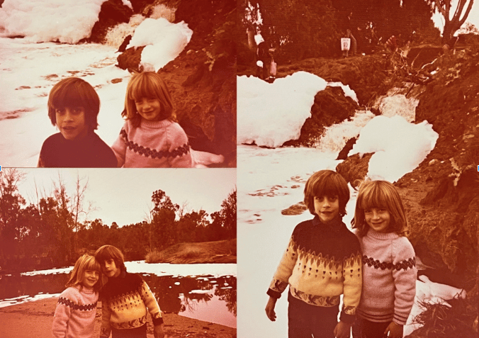 נחל הירקון ליד גני יהושע, שנת 1977 לערך. הררים של קצף (מקור: ד"ר אבי סאייג, אלבום משפחתי) נחל הירקון ליד גני יהושע, שנת 1977 לערך. הררים של קצף