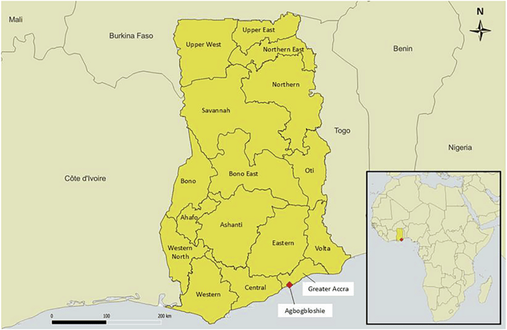 מיקום אתר הפסולת האלקטרונית אגבוגבלושי על מפת גאנה (איור: מתוך כתב העת Urban Sustainability) מיקום אתר הפסולת האלקטרונית אגבוגבלושי על מפת גאנה