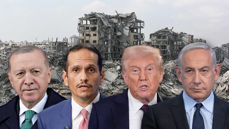 נתניהו, טראמפ, אל-ת'אני וארדואן. מחלוקת על לוח הזמנים לפירוק חמאס מנשק (צילום: Bashar TALEB / AFP, Ludovic MARIN / AFP, אלכס קולומויסקי, AP Photo/Alex Brandon, AFP PHOTO / TURKISH PRESIDENTIAL PRESS SERVICE / HANDOUT) בנימין נתניהו, דונלד טראמפ, מוחמד אל תאני, רג'פ טאיפ ארדואן