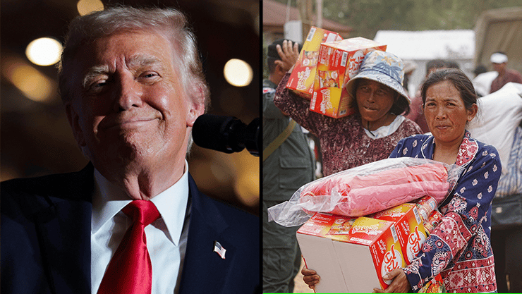 טראמפ ותושבים קמבודים שעזבו את בתיהם בקרבת הגבול התאילנדי (צילום: AP Photo/Heng Sinith, REUTERS/Jonathan Ernst) קמבודיה אזרחים שברחו מבתיהם בגלל הלחימה בגבול עם תאילנד דונלד טראמפ