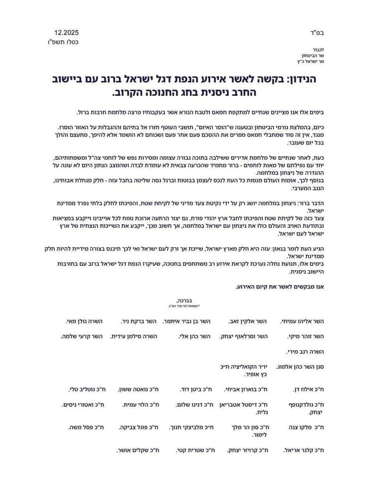 פניית ח"כים מהקואליציה לשר הביטחון ישראל כ"ץ בבקשה לקיים אירוע הנפת דגל ישראל בשטח רצועת עזה